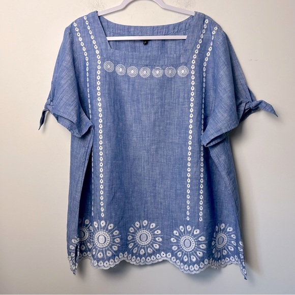 Talbots Plus Size Embroidered Linen Square Neck Tie Sleeve Blouse Classic Summer - Picture 1 of 13